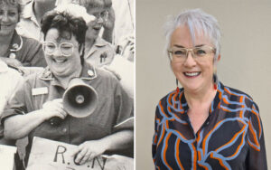 Two photos of Kathy Kantor, in nurses uniform in1980s and in 2024