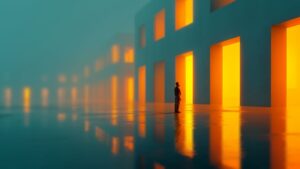 Conceptual image of figure standing a a series of bright doorways.