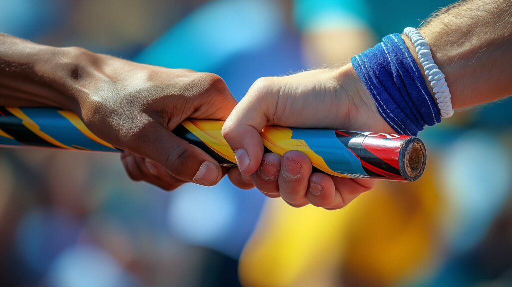 A relay baton being passed from one hand to another
