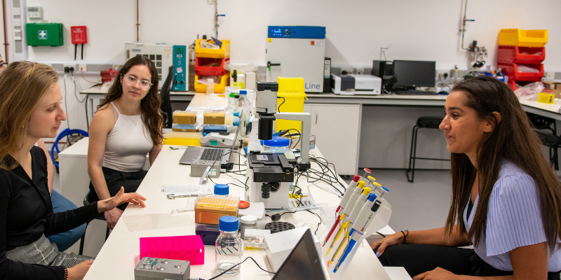 Three woman sitting in a lab with an experiment in between them on a desk
