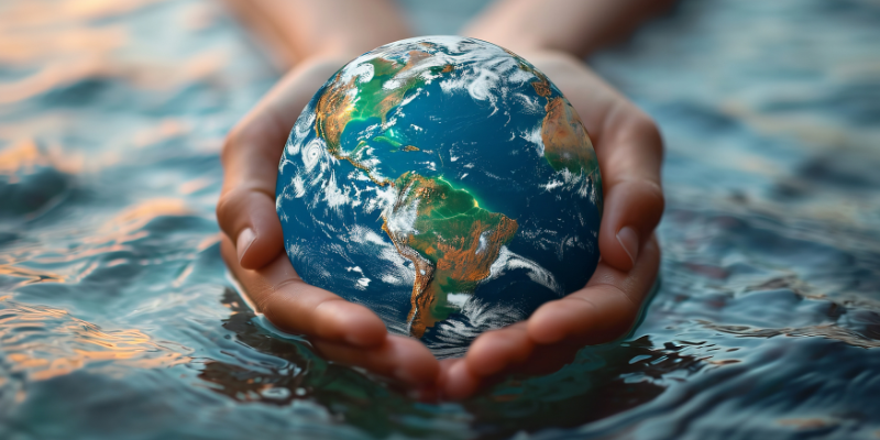 A woman's hands holding the world. Her hands are in water