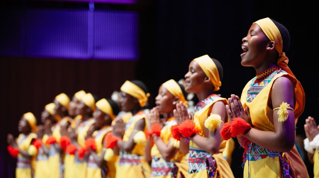 Project Zulu choir members in bright yellow traditional outfits sing with passion during a concert performance on stage at Bristol Beacon.