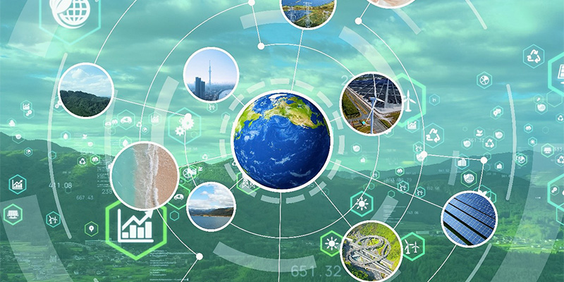 Image of the Earth with circles of ecological and sustainable energy and technology in concentric circles against a green background.