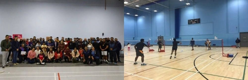 Left - Group photo of Bristol After Stroke Badminton Tournament participants.
Right - Four players in the midst of a doubles badminton game.