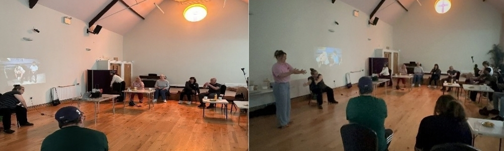Stroke survivors in an exercise class watching Rehabilitation Exercise videos.

