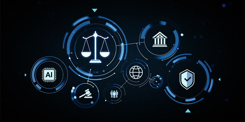Digital justice and technology governance symbols with scales, AI chip, security shield, and legal icons in futuristic interface design.