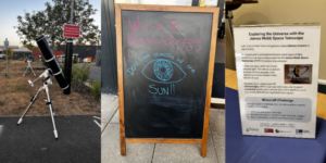 Three images - one of a telescope in a car park. A second image with a blackboard sign reading 'Welcome to summer stargazing'. A third with a plastic wallet with a description of the event.