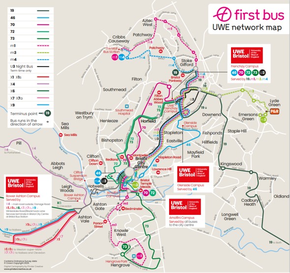 May showing the First Bus UWE network of routes between campuses and key parts of the city.